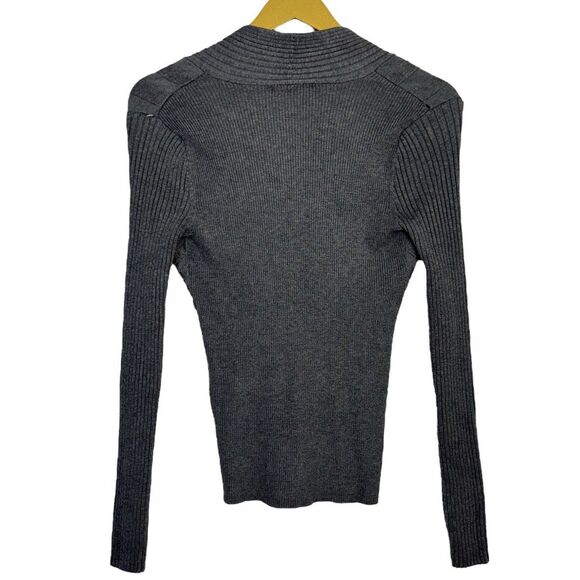 INC Sweater Size M Gray Ribbed Fitted Y2K 90s Faux Wrap V-Neck Babydoll Empire - Picture 2 of 6